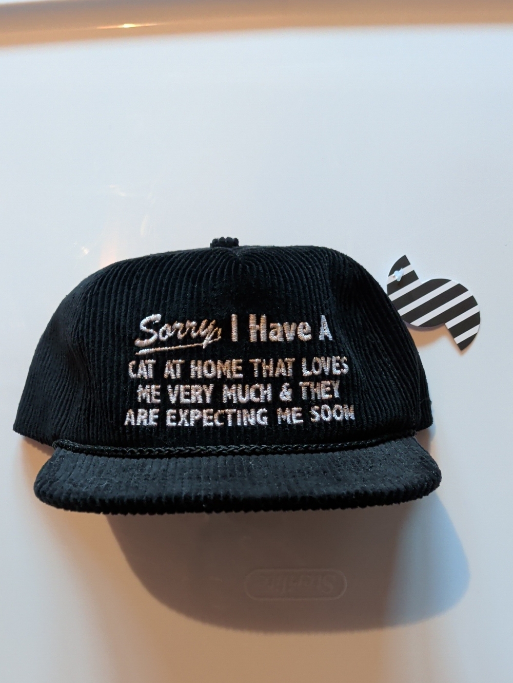 Black Corduroy Cap with Embroidered Cat Message